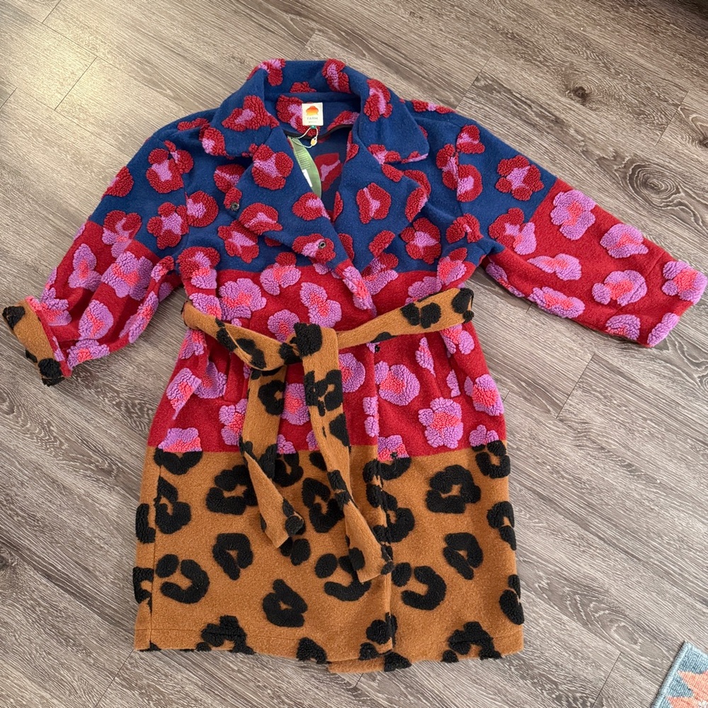 Farm Rio Mixed Leopards Fleece Belted Coat Jacket New